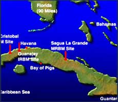 На карте Кубы отчетливо видны ракеты, направленные на США. От Гаваны до побережья Флориды – 90 миль